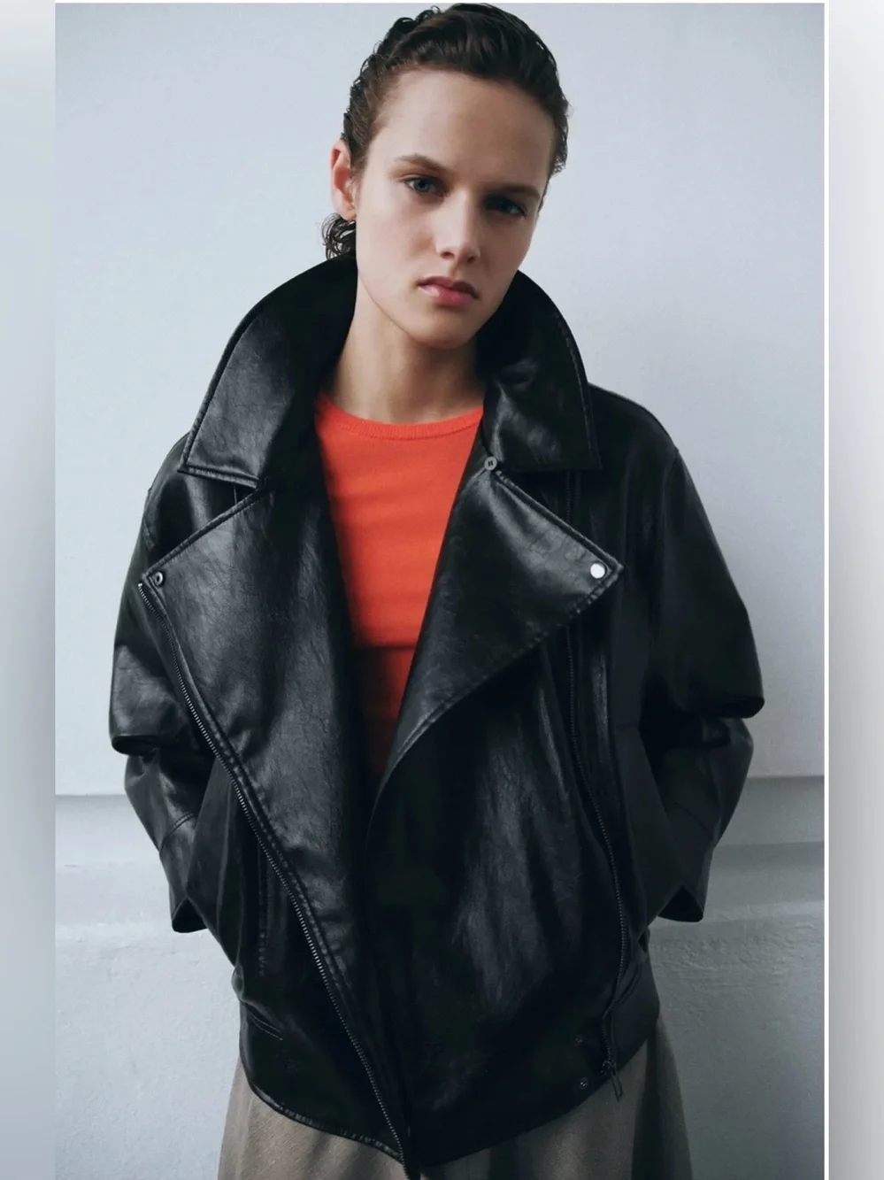 NWT Zara ZW Collection faux leather jacket with lapel collar and belted hem. S.